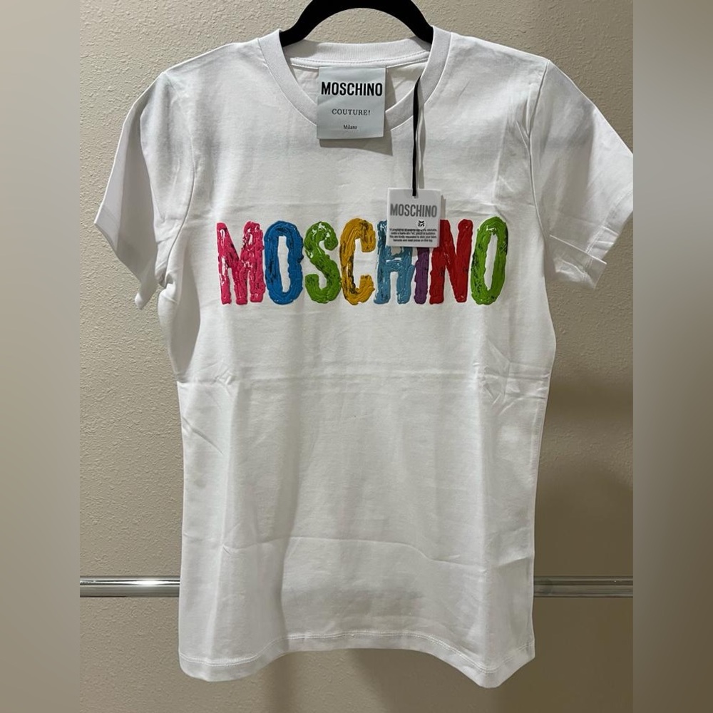 NWT MOSCHINO COUTURE White and Painted Multicolor Logo T-shirt Medium